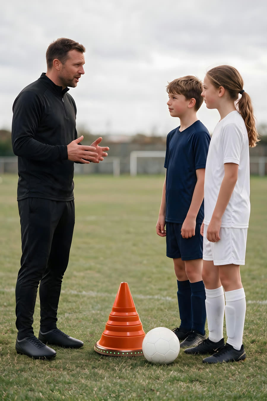 A coach talking to two young players beside the unit on a pitch