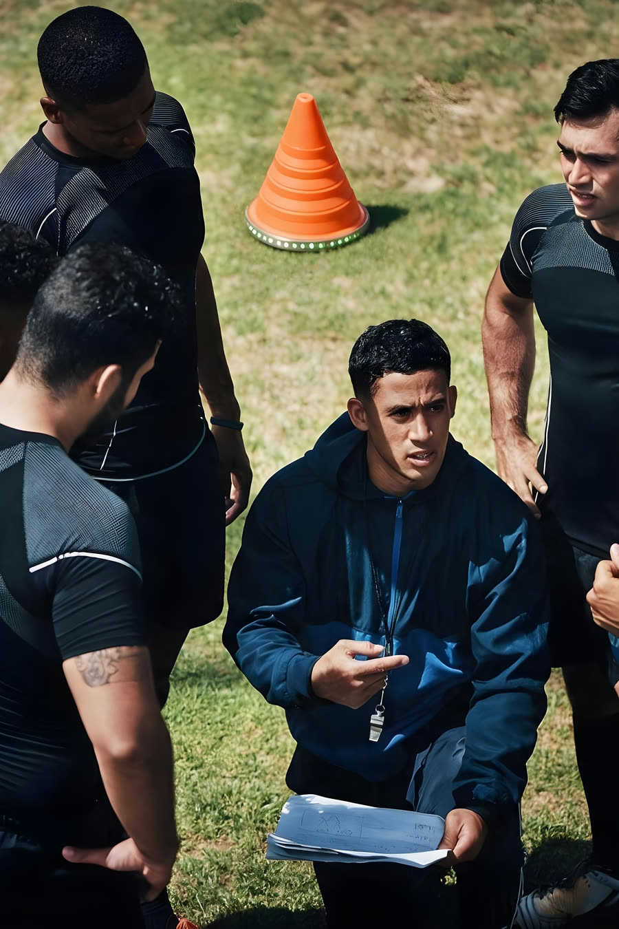 A coach briefing a squad on a field, the unit standing behind them